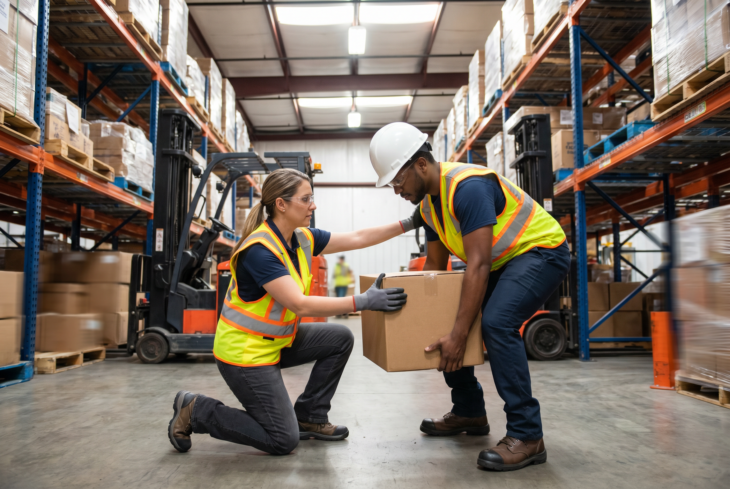 Manual handling trainer demonstrating correct lifting technique in a warehouse